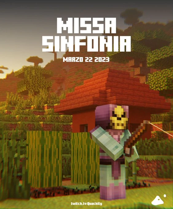 Official announcement poster for Missa. His Minecraft character stands in a savannah village at the bottom of a hill next to a farm. He is fishing something off-screen.
